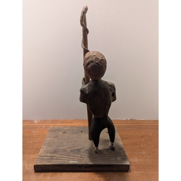1900's Wood Carved Man With Snake On Pole Folk Art - Picture 3 of 10